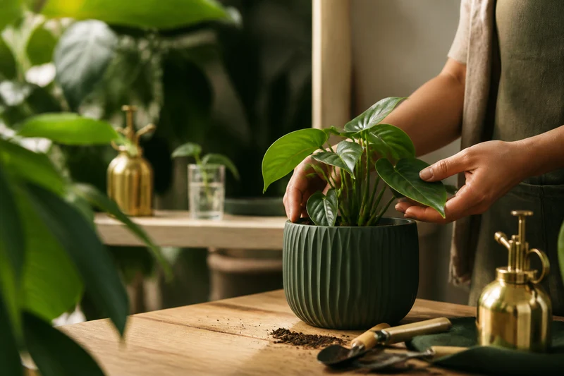 Caring for a tropical plant at a potting table