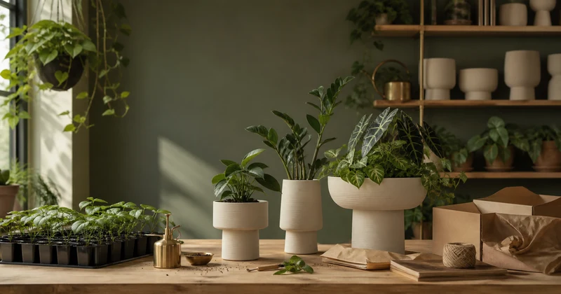 A collection of tropical plants arranged on a sunlit potting bench