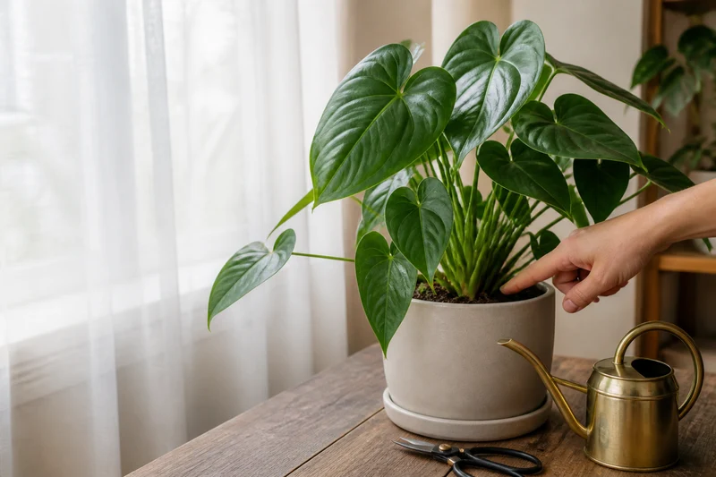 Checking the soil of a houseplant beside a bright window